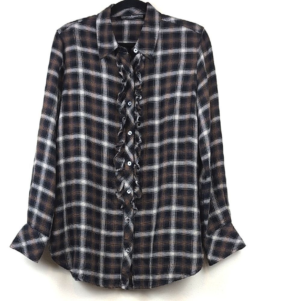Peruvian Connection Ruffled Button Front Plaid Shirt Top Size M